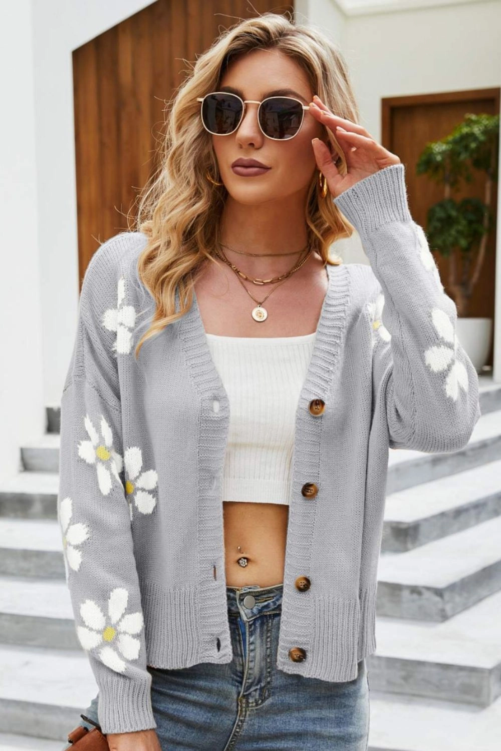 Floral Ribbed Trim Drop Shoulder Cardigan Exclusive Online Deal Todays Mega Savings