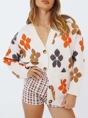 Floral V-Neck Button Up Long Sleeve Cardigan Shop Now Save Big Savings Event