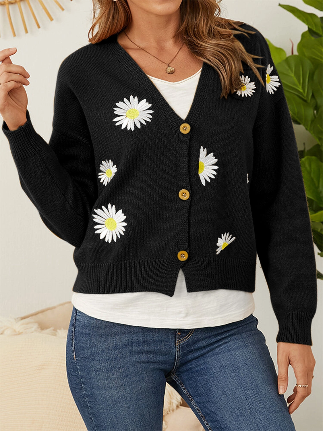 Grab the Deal Now Today Only Offer Flower Button Front Dropped Shoulder Cardigan