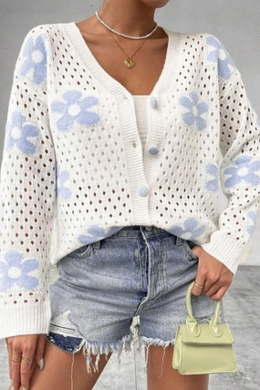 Flower Hollowed Out Button Down Long Sleeve Cardigan Gift Ideas Galore Today Only Hot Sale
