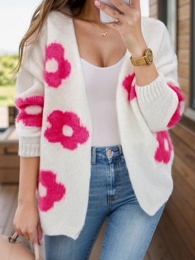 Mega Sale Now Flower Open Front Long Sleeve Cardigan