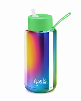 Frank Green Chrome Rainbow Ceramic Reusable Bottle 34Oz/1 Litre With Straw Lid - Neon Green Dont Miss This Deal Price Drop Today