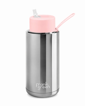 Grab the Deal Now Frank Green Chrome Silver Ceramic Reusable Bottle 34Oz/1 Litre With Straw Lid - Blushed