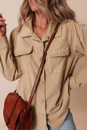 Frill Button Up Long Sleeve Shacket New Arrival Discount