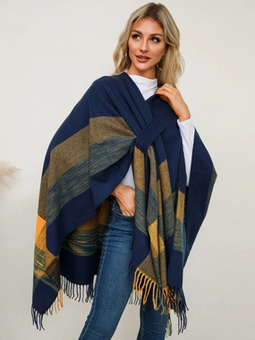 Grab It Before Gone Fringe Contrast Plaid Poncho