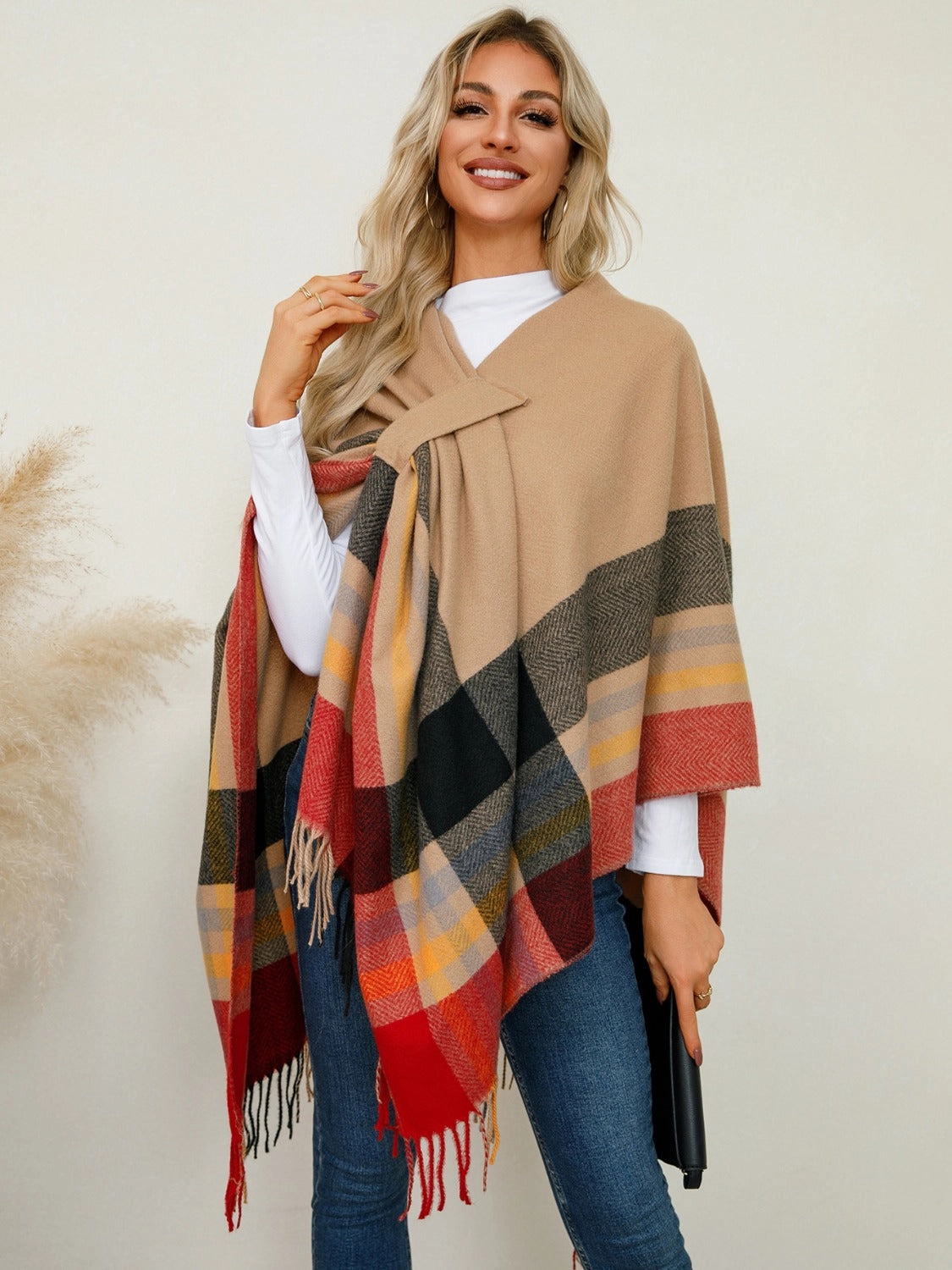 Shop Grab Savings Hot Deals Today Fringe Contrast Plaid Poncho