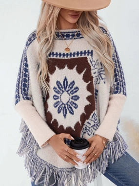 Online Exclusive Deal Fringe Geometric Long Sleeve Poncho