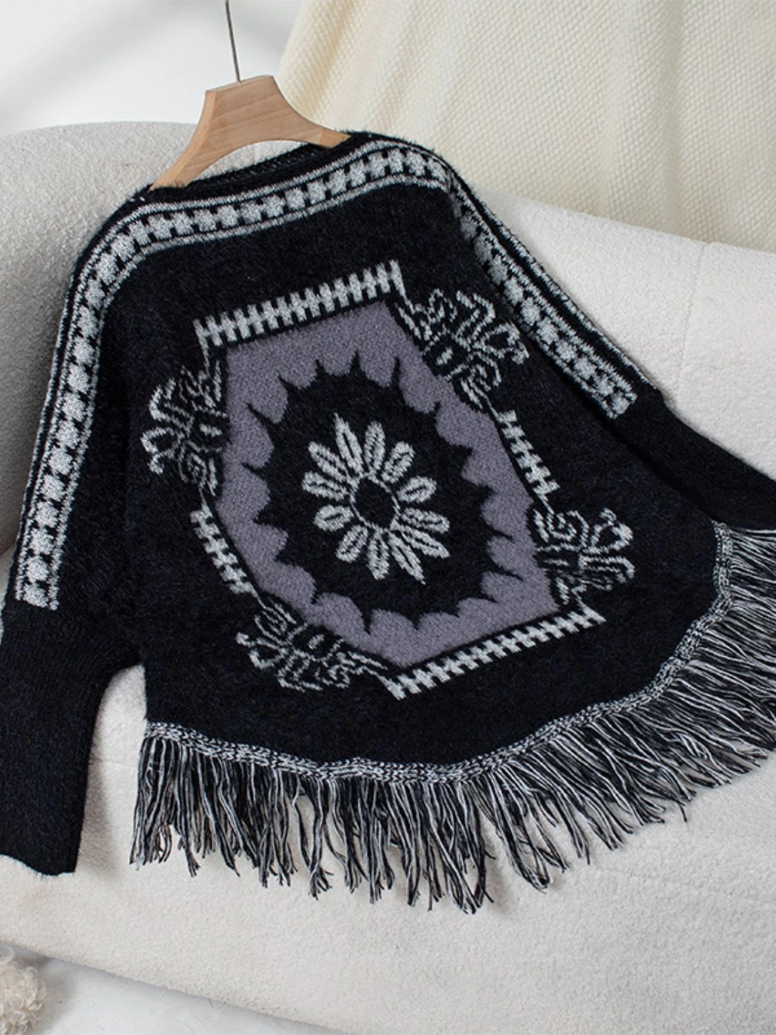 Fringe Geometric Long Sleeve Poncho Flash Offer Today Special Online Offer