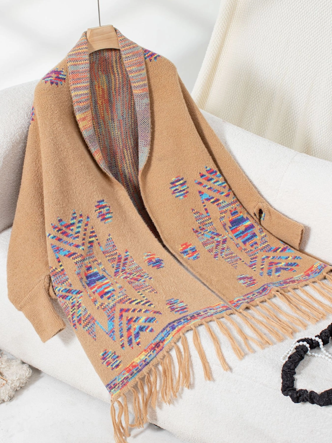 Today Only Hot Pick Exclusive Online Discount Fringe Geometric Open Front Long Sleeve Cape