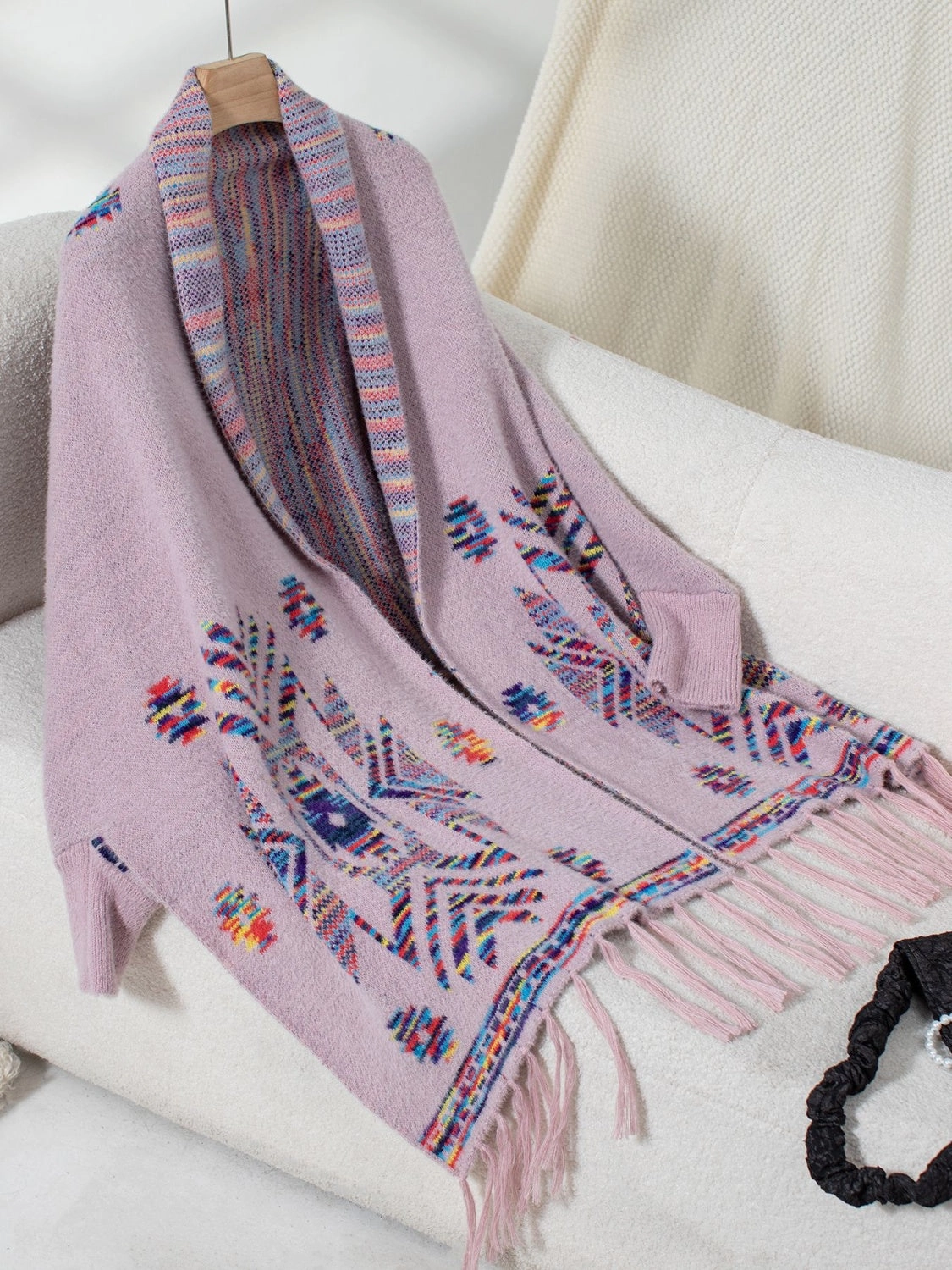 Fringe Geometric Open Front Long Sleeve Cape Surprise Discount Today