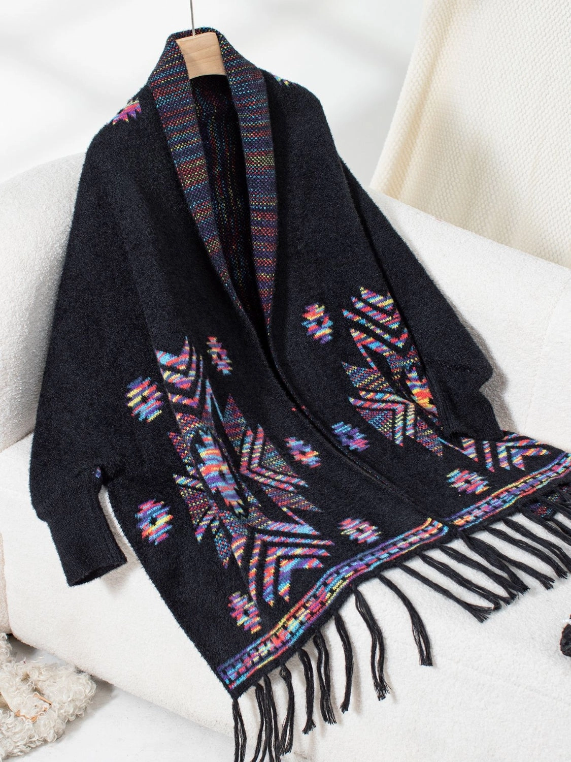 Fringe Geometric Open Front Long Sleeve Cape Special Online Offer
