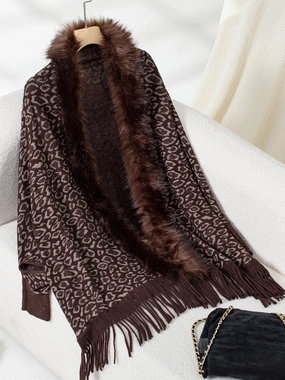 Best Deal Today Fringe Leopard Open Front Long Sleeve Poncho