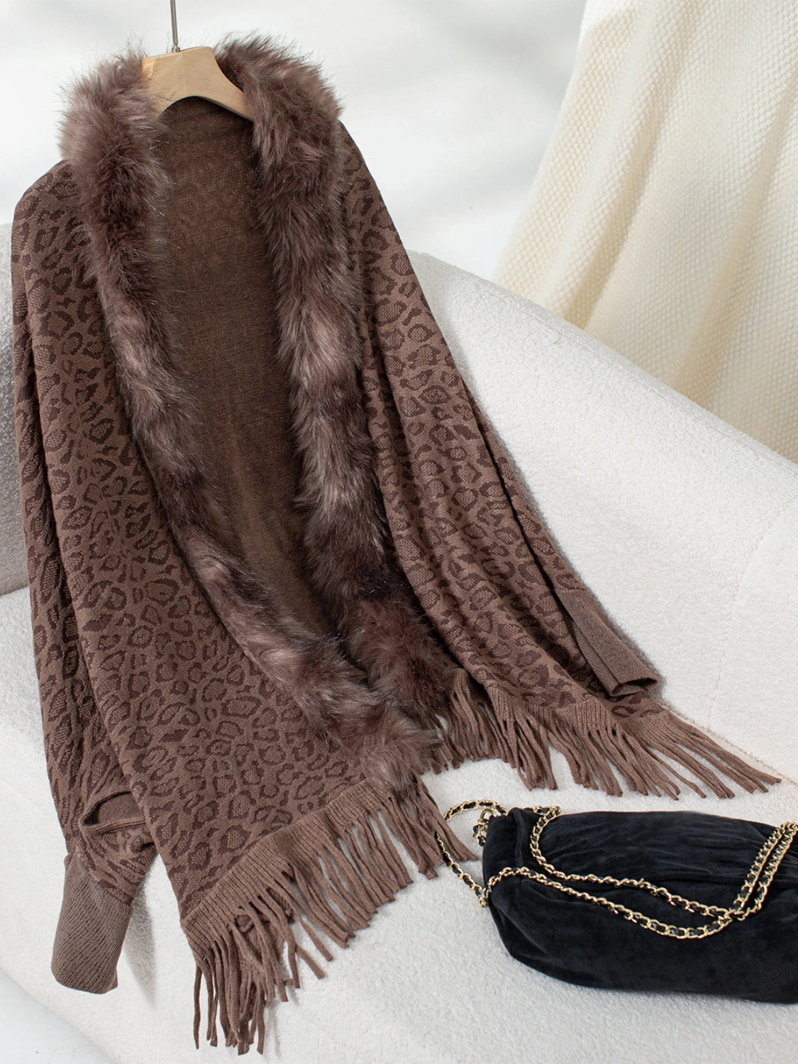Online Exclusive Deal Special Steal Event Fringe Leopard Open Front Long Sleeve Poncho
