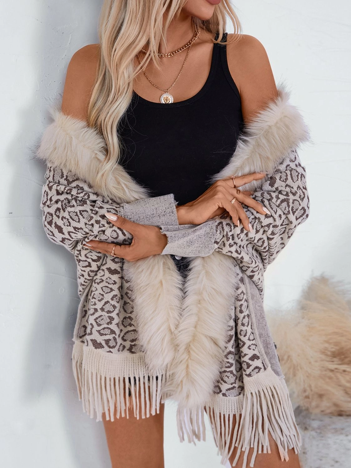 Fringe Leopard Open Front Long Sleeve Poncho Shop the Savings Last Chance Steal