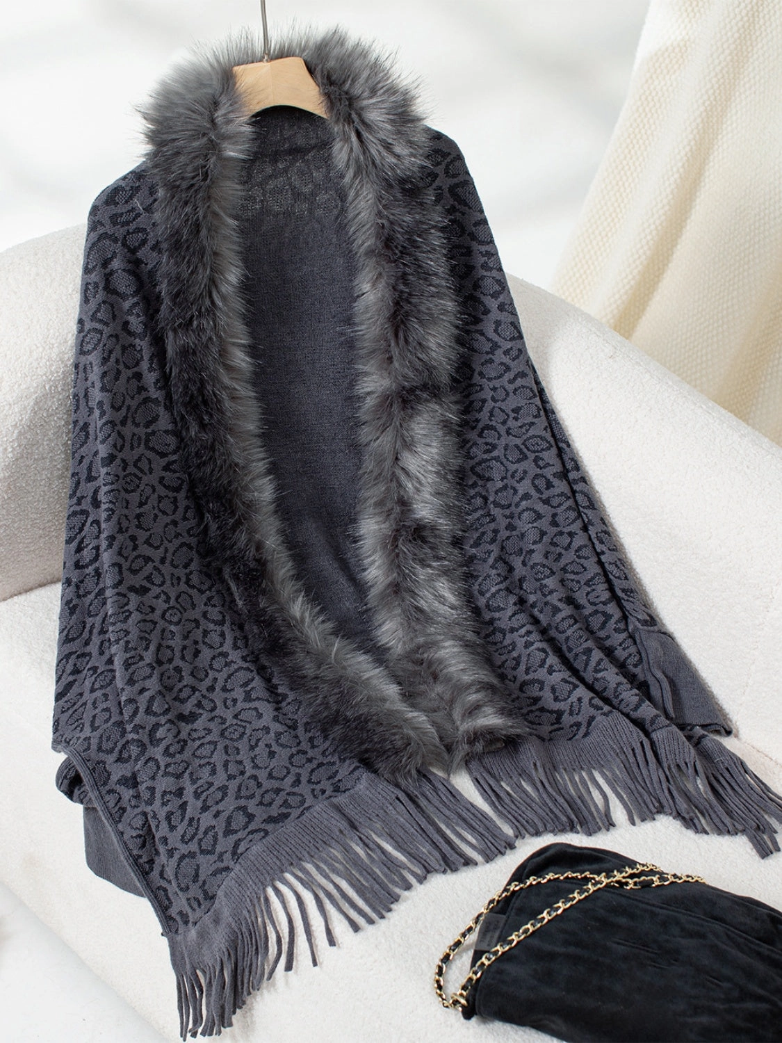 Fringe Leopard Open Front Long Sleeve Poncho Today Only Discount Alert