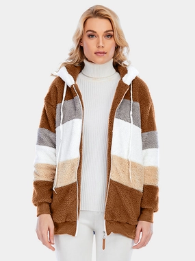 Shop Smart Deals Full Size Drawstring Color Block Zip Up Hooded Outerwear
