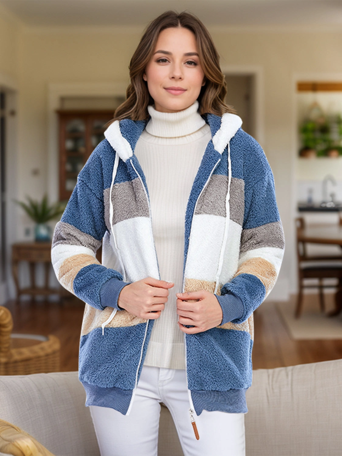Full Size Drawstring Color Block Zip Up Hooded Outerwear Special Steal Event