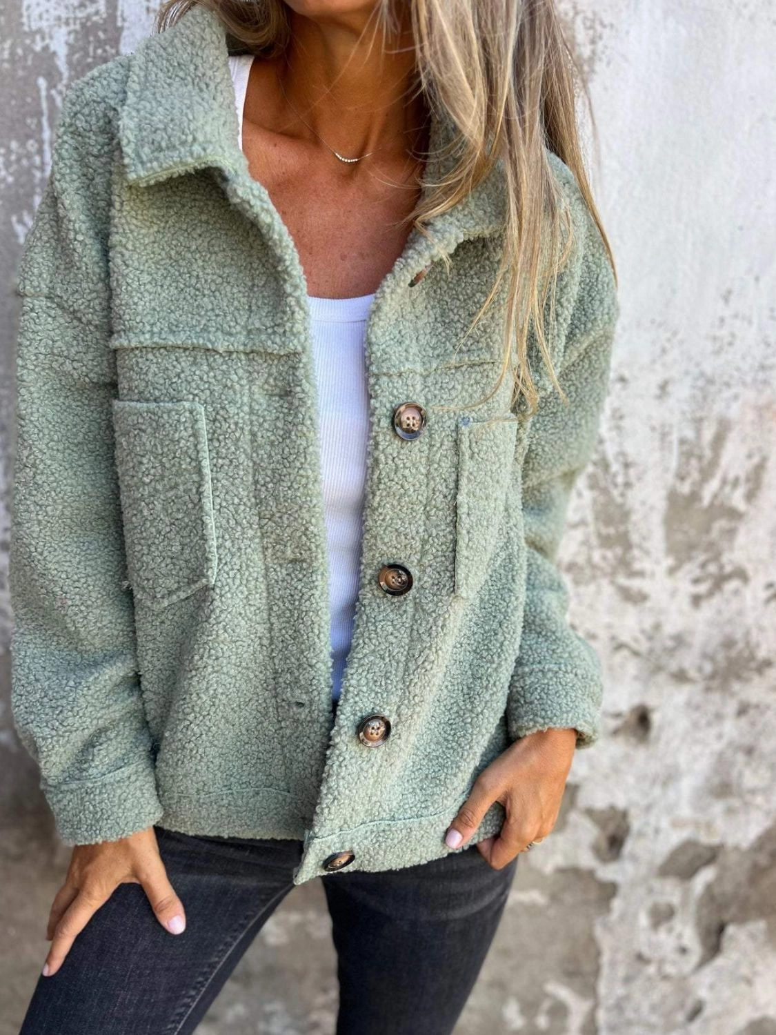 Instant Savings Deal Full Size Fuzzy Button Up Drop Shoulder Jacket