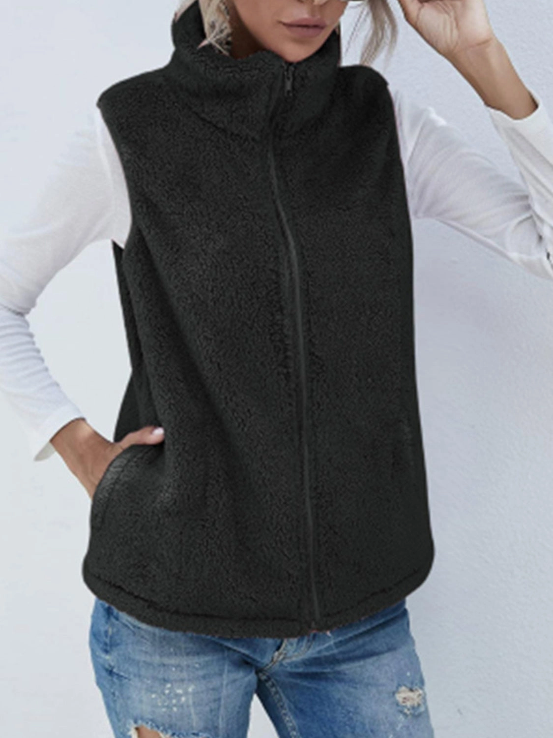 Hot Picks Today Full Size Fuzzy Zip Up Vest Coat With Pockets