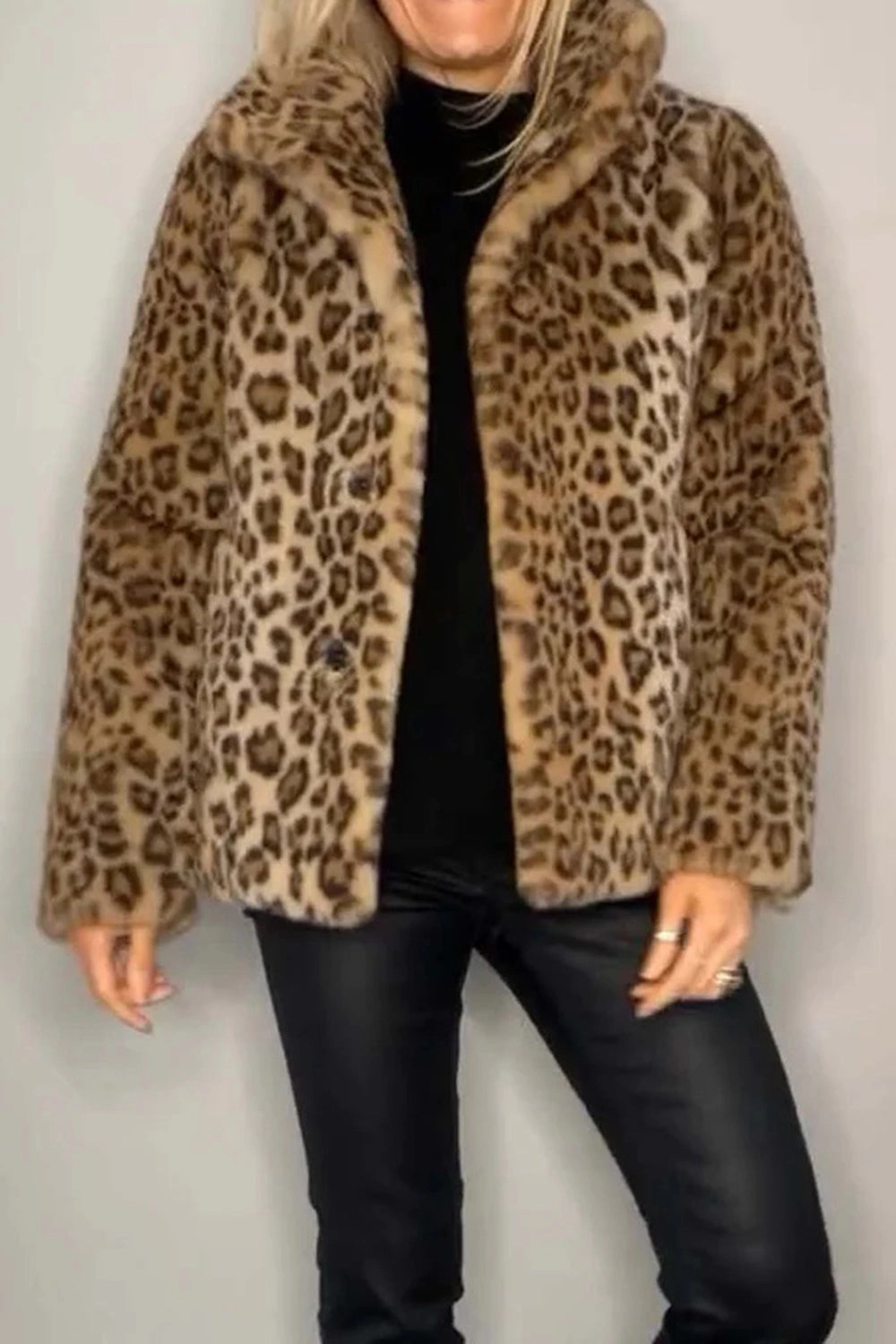 Clearance Sale Now Grab Your Deal Today Full Size Leopard Furry Collared Neck Long Sleeve Coat