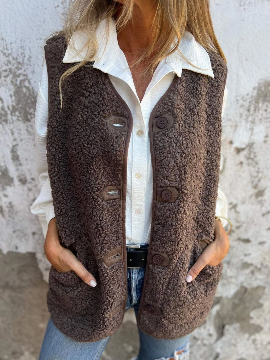 Daily Special Offer Full Size Pocketed Button Up V-Neck Sherpa Vest