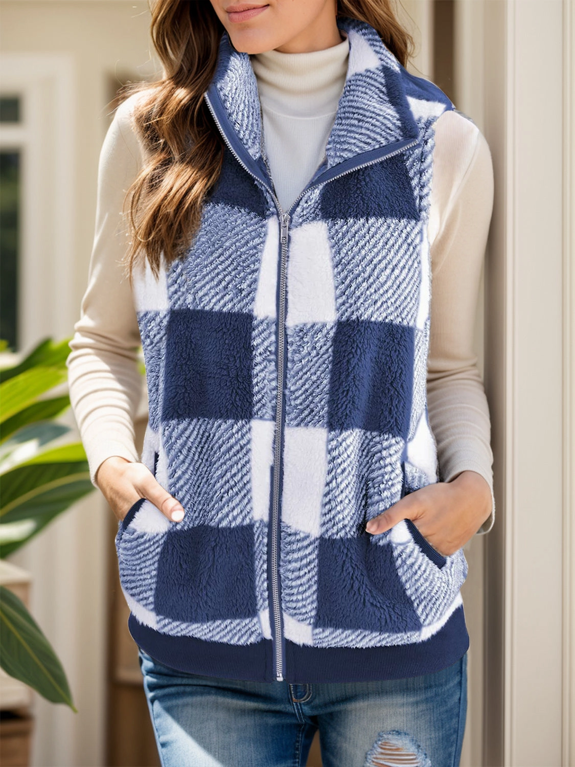 Full Size Pocketed Plaid Vest Coat Mega Discount Event