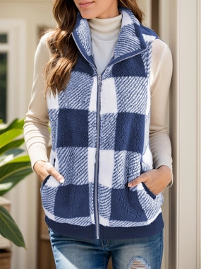 Full Size Pocketed Plaid Vest Coat Weekend Sale Special Mega Savings Now