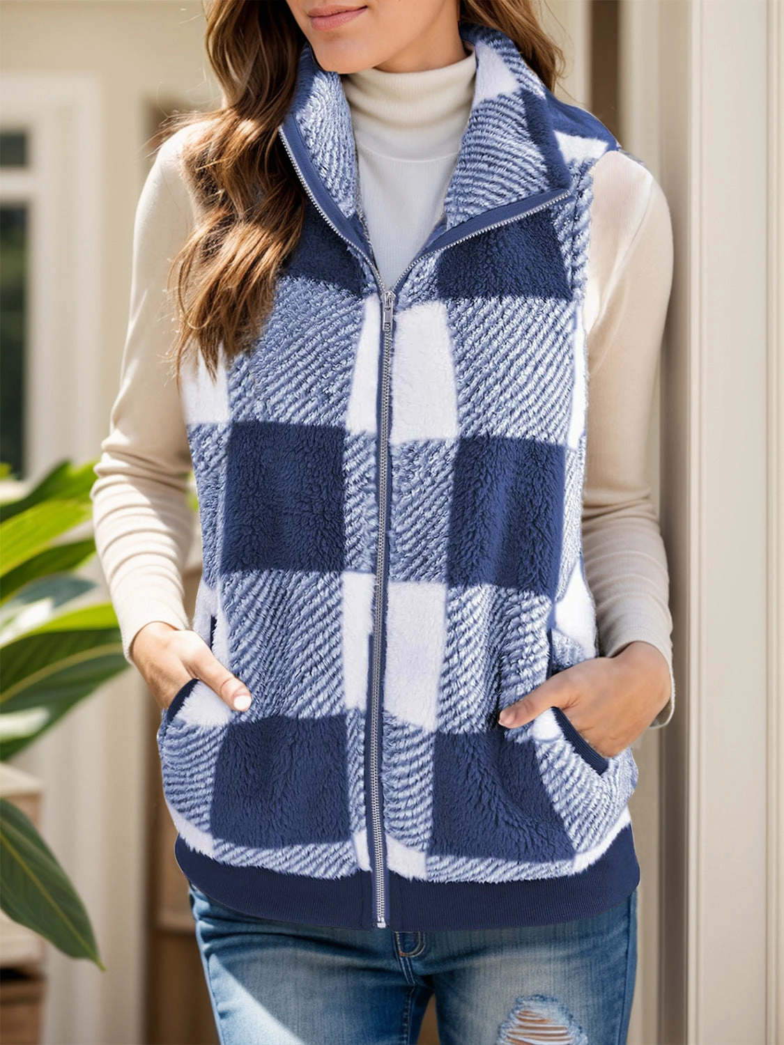 MustHave Clearance Full Size Pocketed Plaid Vest Coat