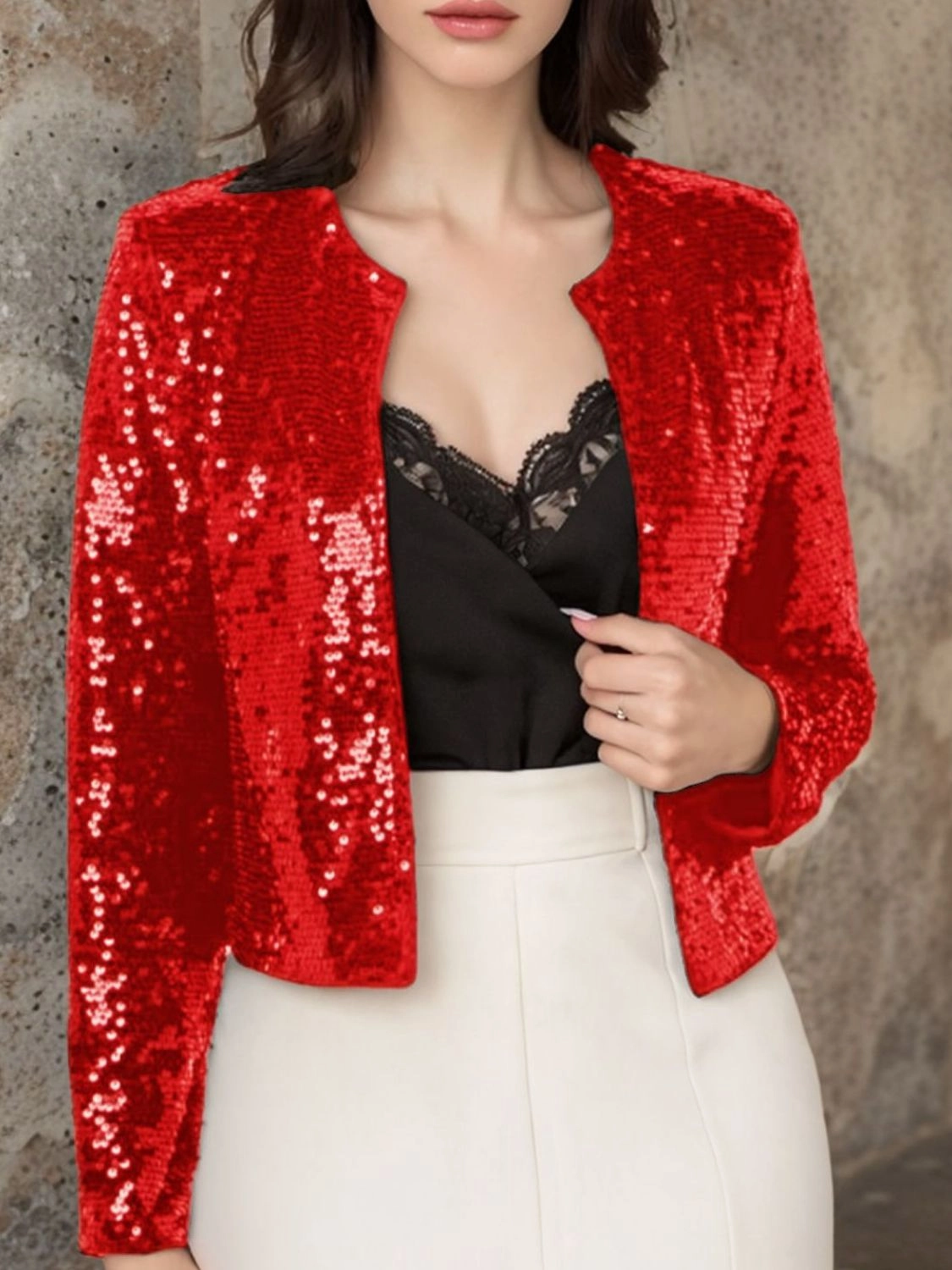 Full Size Sequin Open Front Cropped Jacket Clearance Event Today MustHave Steals