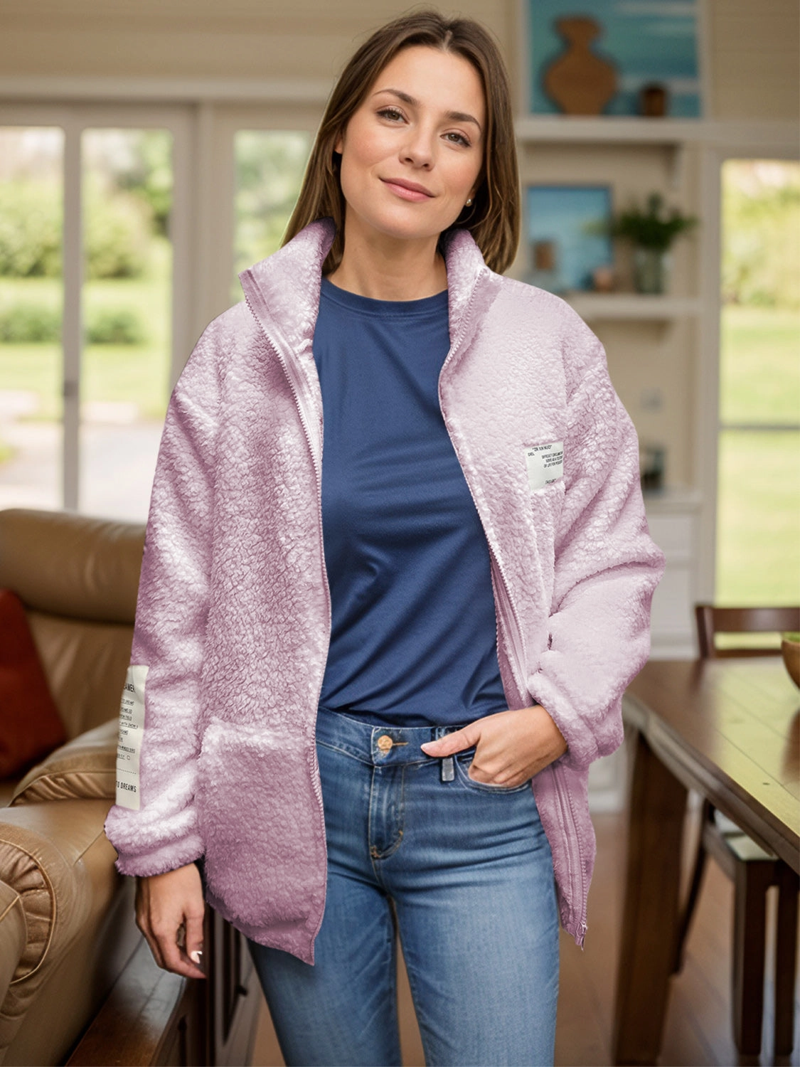 Save Big Today Full Size Turtleneck Zip Up Long Sleeve Sherpa Jacket