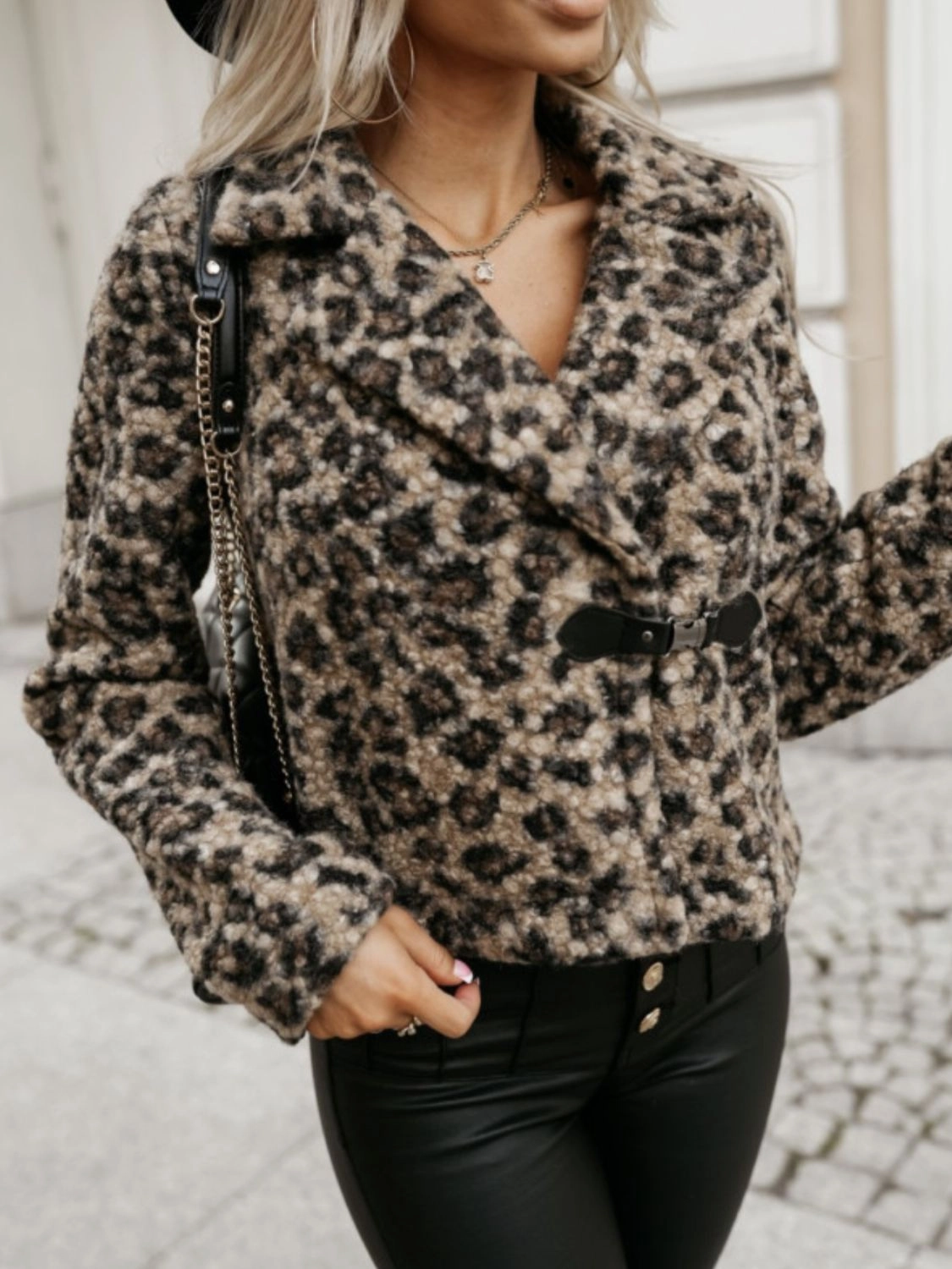 Daily Deal Frenzy Fuzzy Animal Print Collared Neck Coat