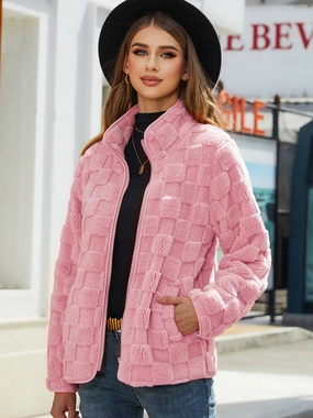 Save Big Today Fuzzy Checkered Zip Up Jacket