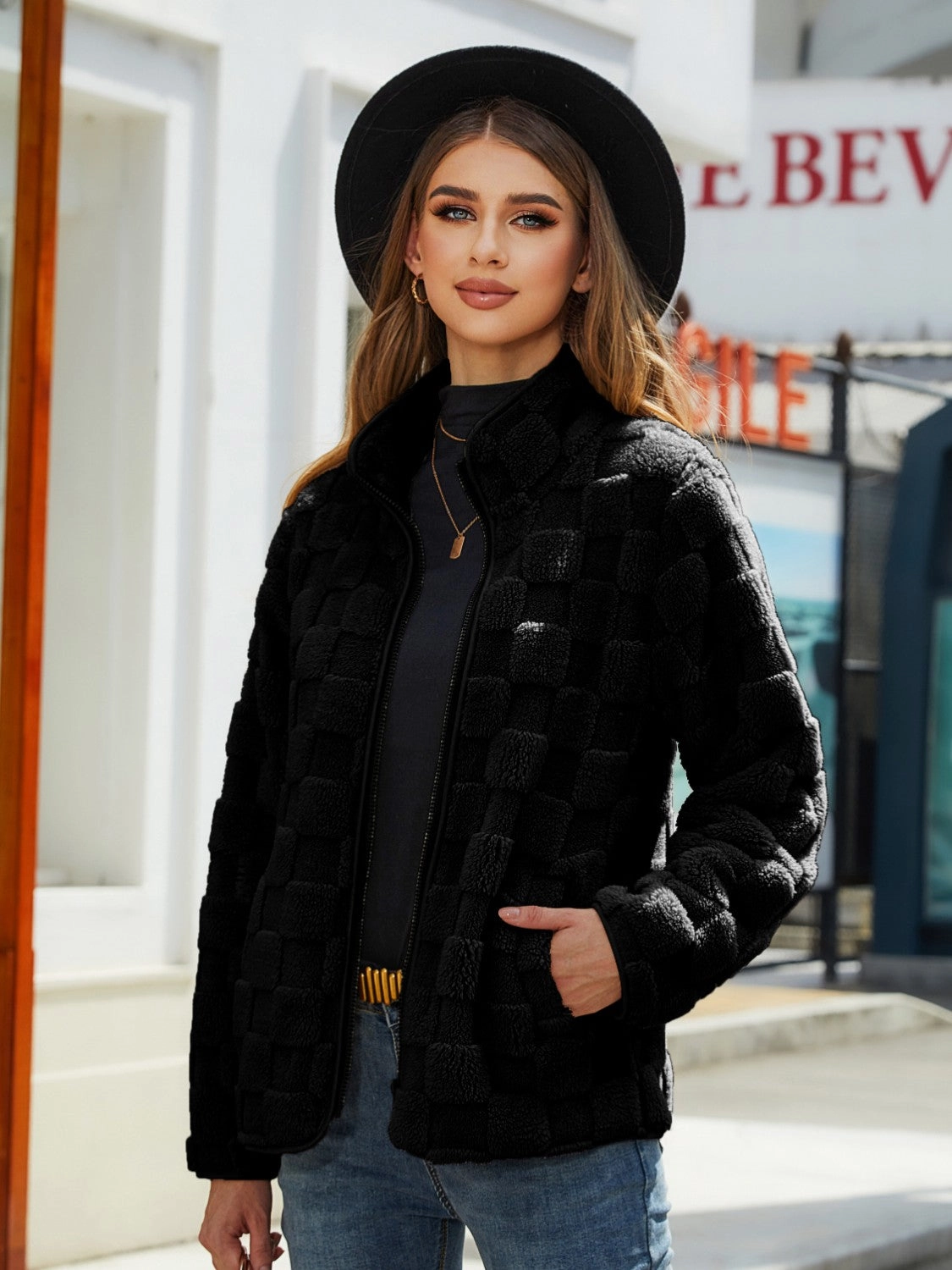 Instant Savings Inside Fuzzy Checkered Zip Up Jacket