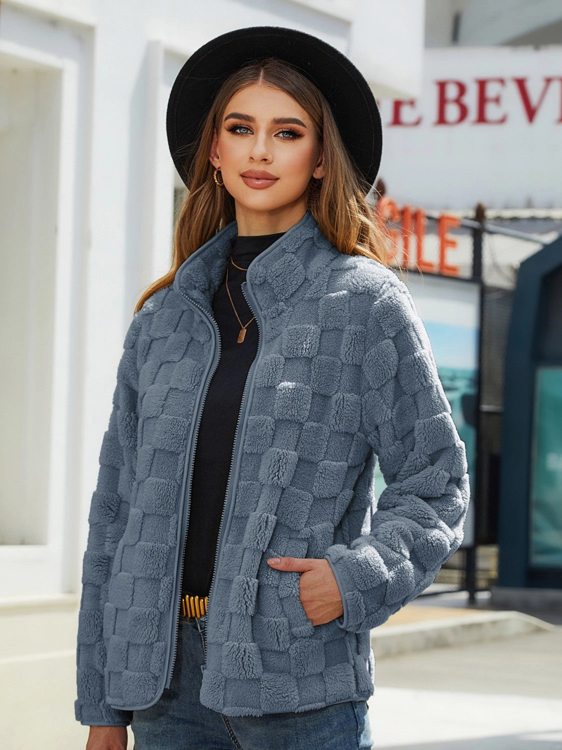 Dont Miss This Offer Fuzzy Checkered Zip Up Jacket