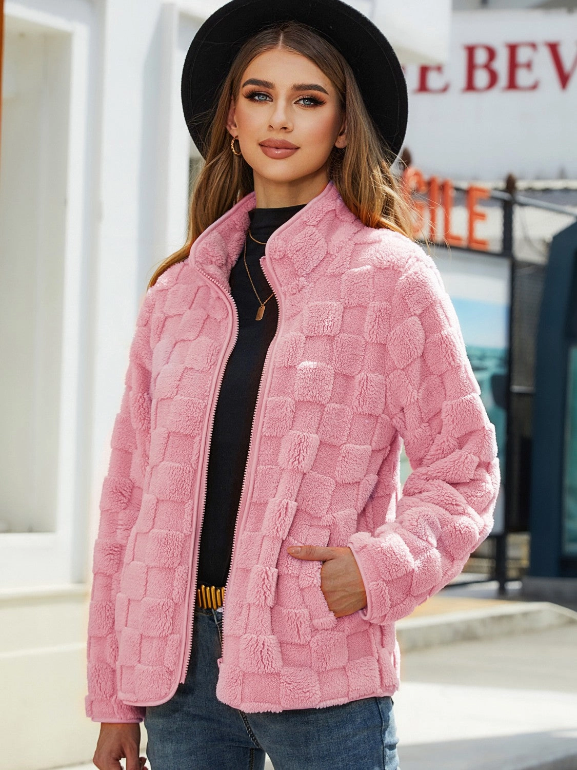 Save Big Today Fuzzy Checkered Zip Up Jacket