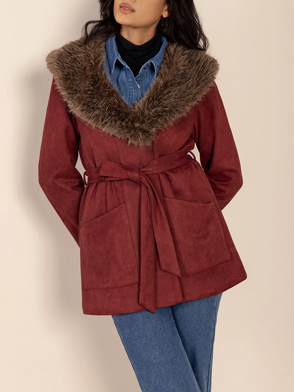 Grab Your Savings EndofWeek Deals Fuzzy Collared Neck Tie Waist Jacket