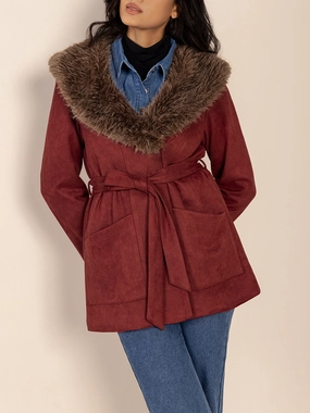 Fuzzy Collared Neck Tie Waist Jacket Dont Miss Big Savings