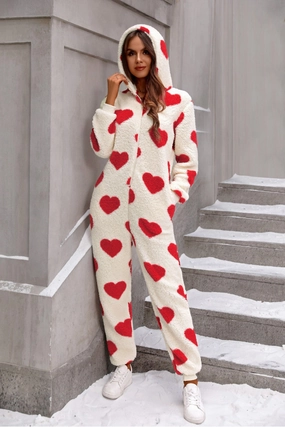 Fuzzy Heart Zip Up Hooded Lounge Jumpsuit Hot Pick of the Day