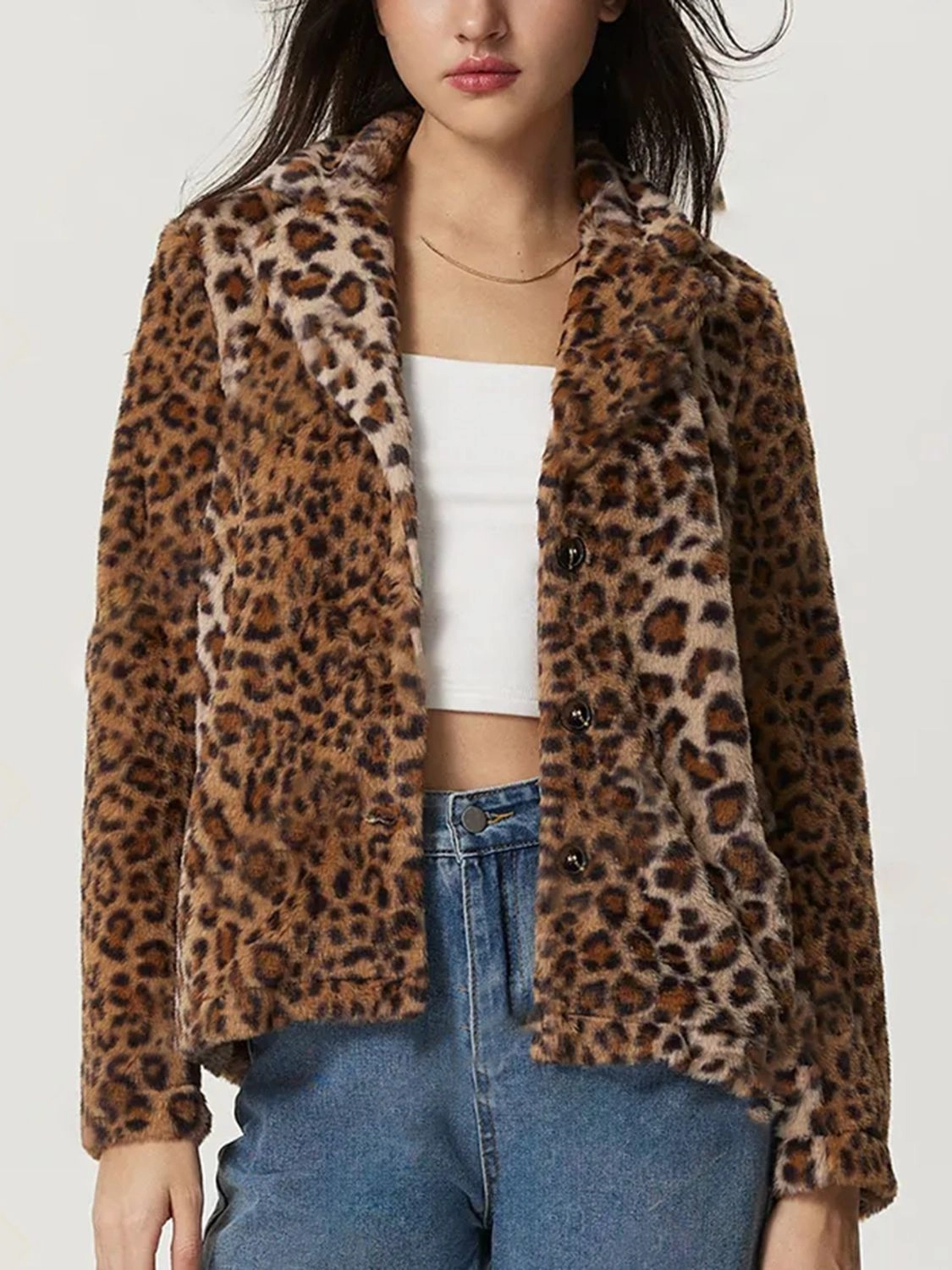 Fuzzy Leopard Collared Neck Jacket Limited Edition Offer
