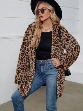 Fuzzy Leopard Hooded Long Sleeve Jacket Sweet Deal Inside