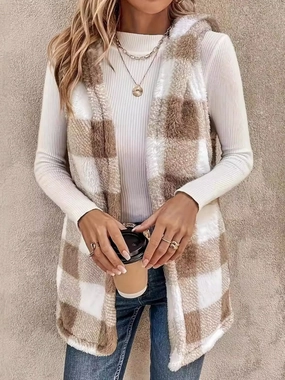 Fuzzy Plaid Hooded Vest Coat Shop Hot Deals Today Only Steal