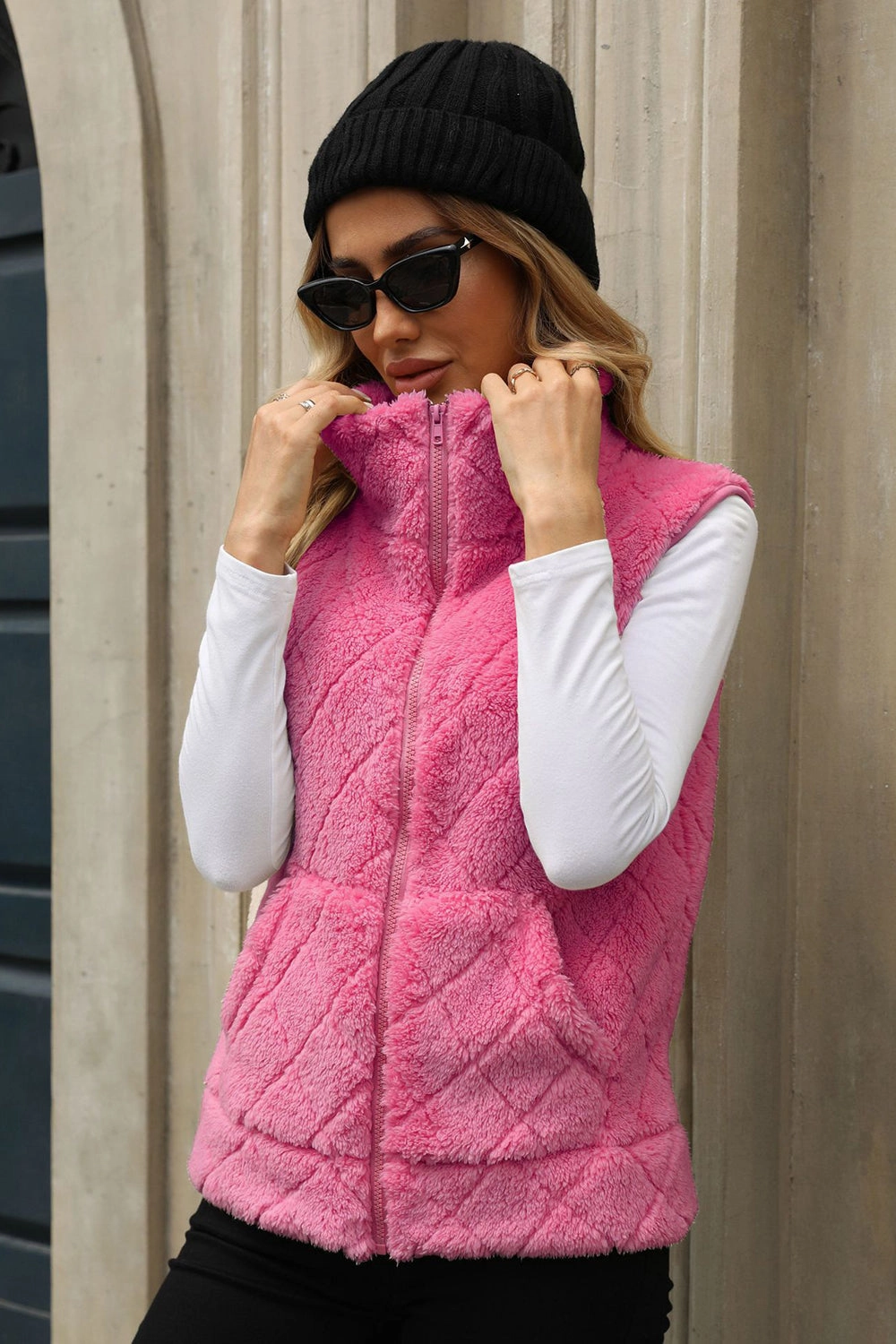 Fuzzy Plaid Texture Zip Up Vest Coat Clearance Alert Now