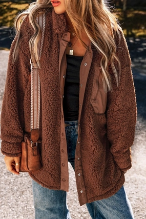 Fuzzy Snap Down Dropped Shoulder Jacket Online Exclusive Offer Today Only Discount