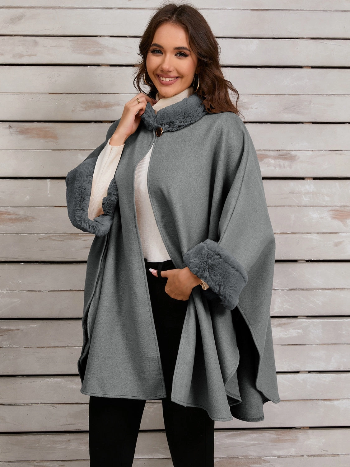 Shop Today Save Price Drop Frenzy Fuzzy Trim Long Sleeve Poncho