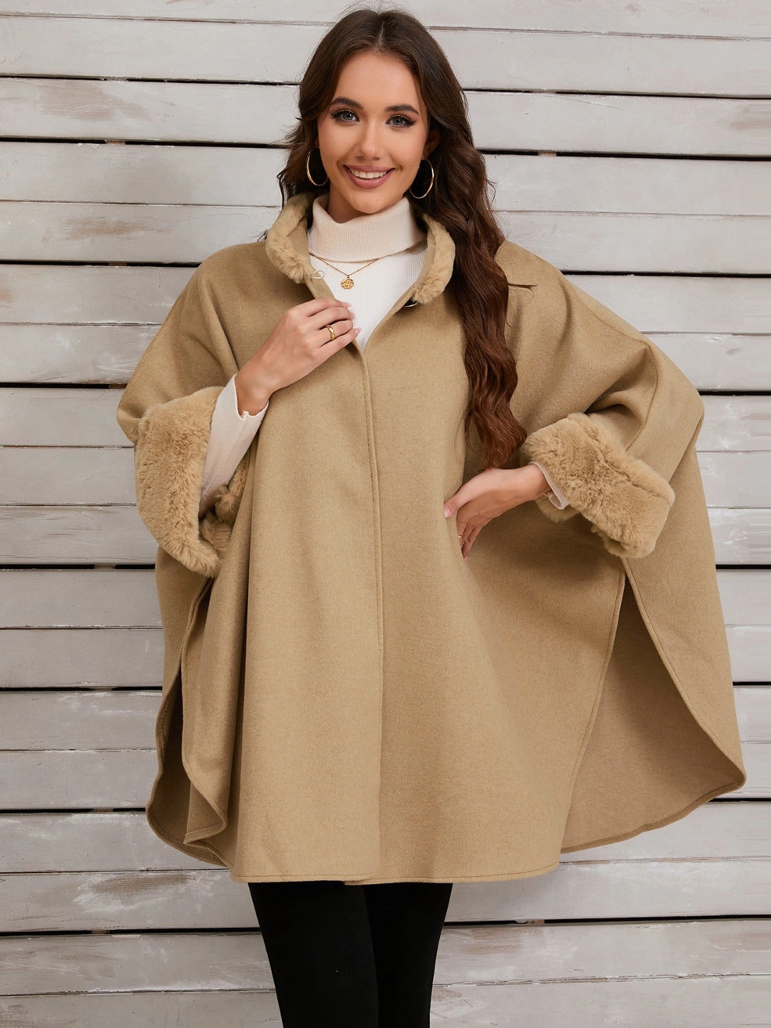 Fuzzy Trim Long Sleeve Poncho Trending Deals Today