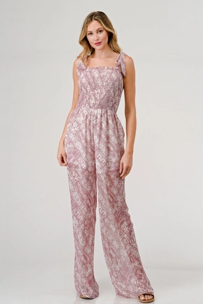 Geegee Printed Tie Shoulder Wide Leg Jumpsuit Deal of the Day