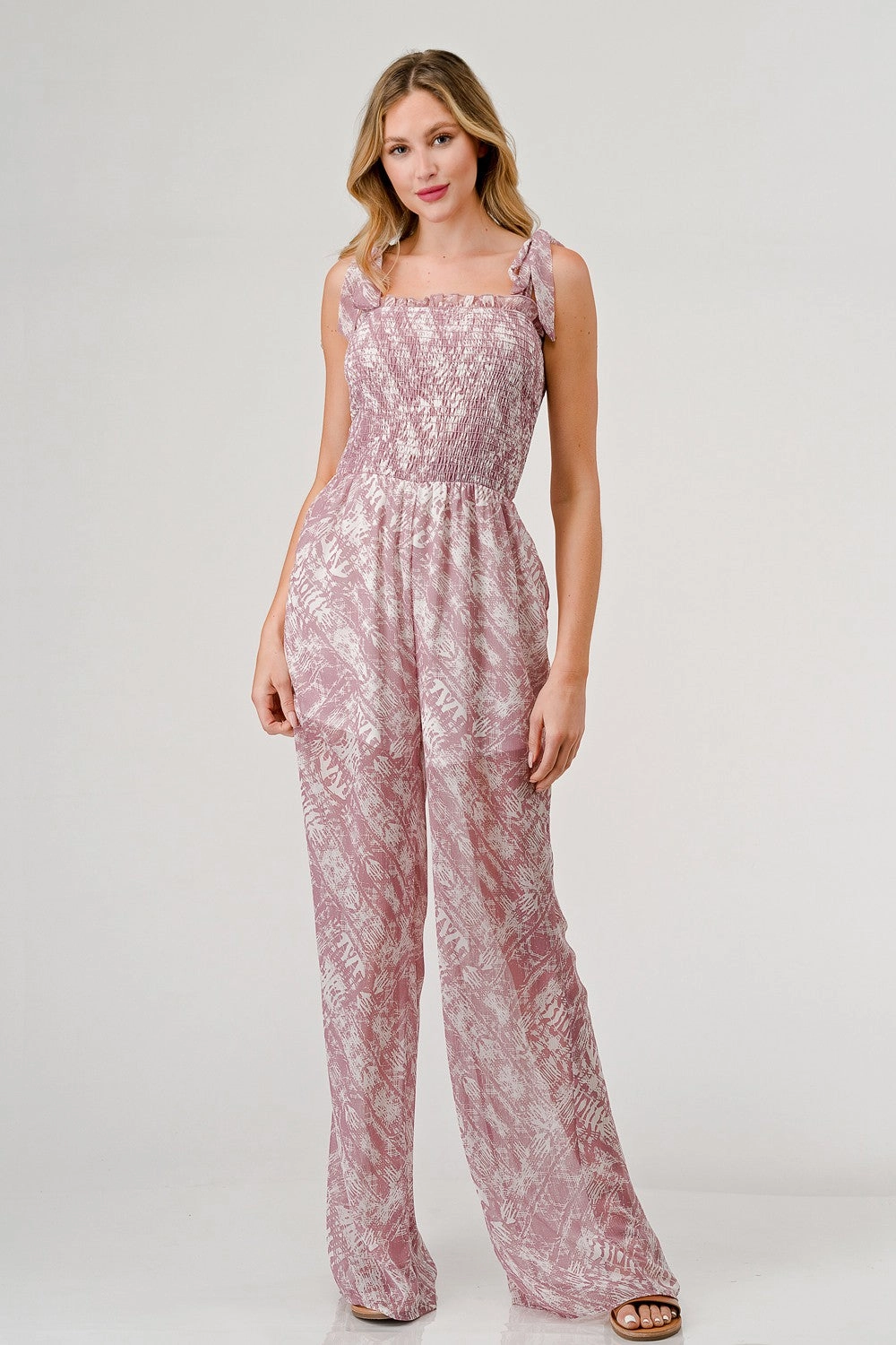 Geegee Printed Tie Shoulder Wide Leg Jumpsuit Limited Time Offer Limited Offer Alert