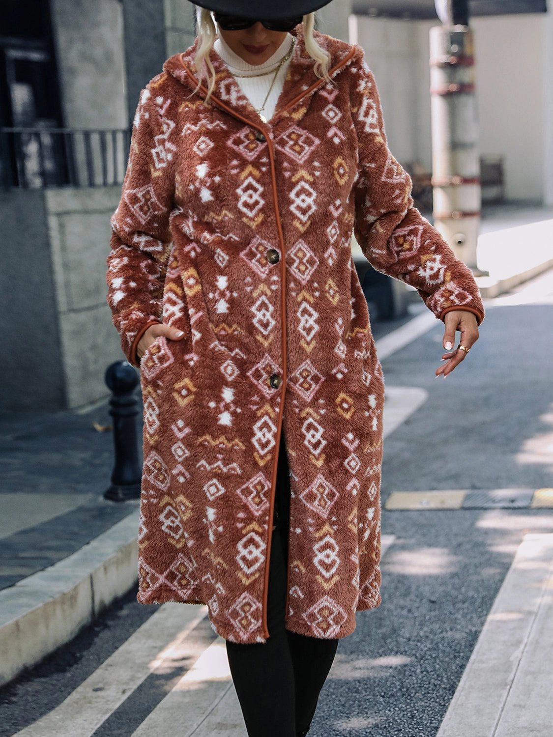 Geometric Button Down Hooded Fleece Coat MustHave Steals Special Deal Frenzy