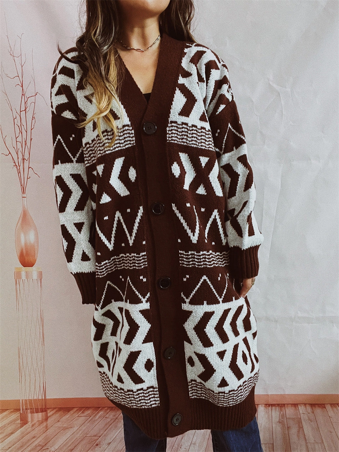 Geometric Button Front Longline Cardigan Mega Discount Event