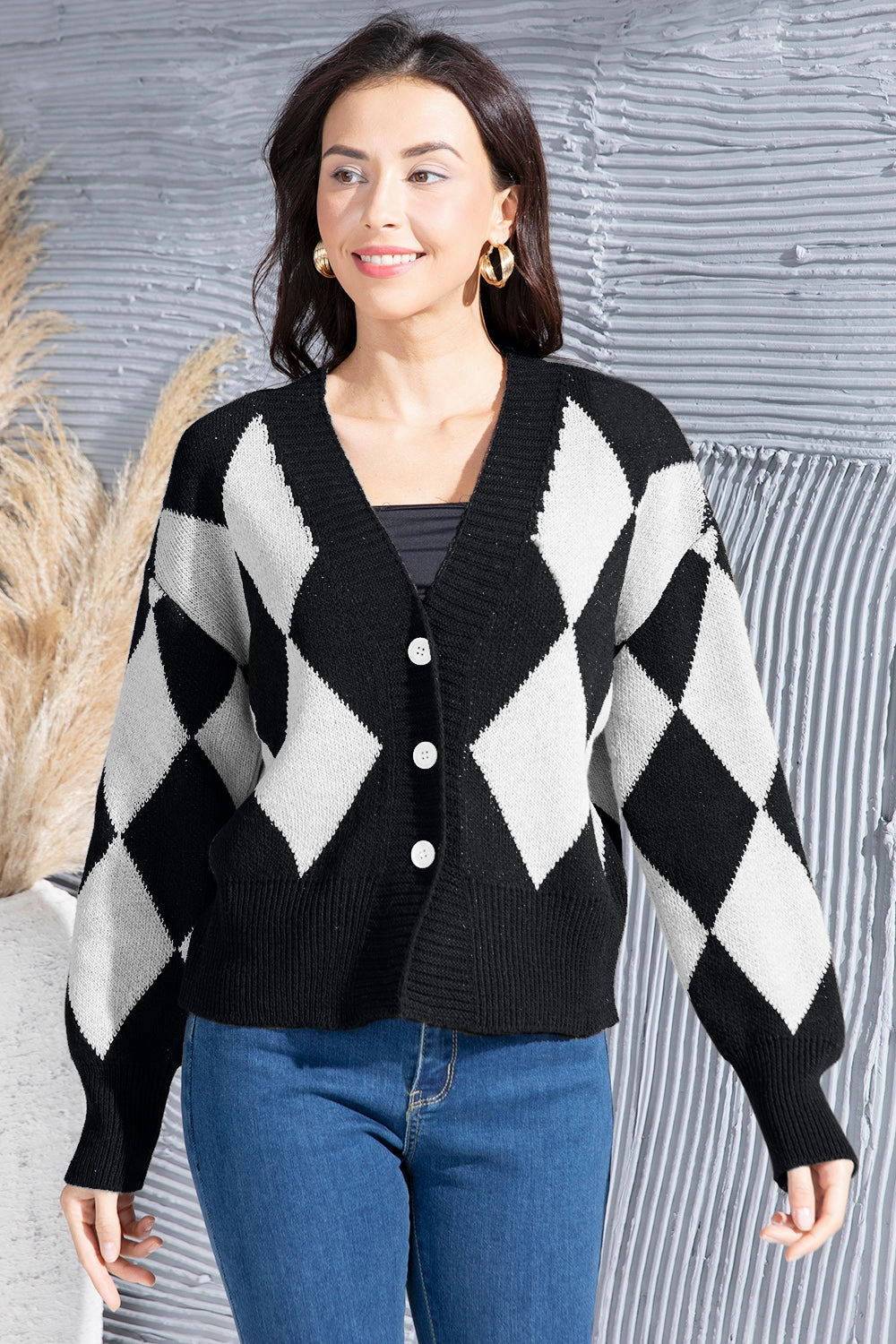 Grab It Fast Grab Your Deal Today Geometric Button Up Dropped Shoulder Cardigan